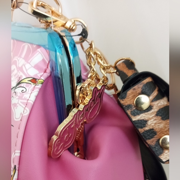 Ed Hardy Pink Rhinestone Siberia Hill Tiger Kiss Lock Frame Tattoo Charm Satchel - Picture 5 of 15